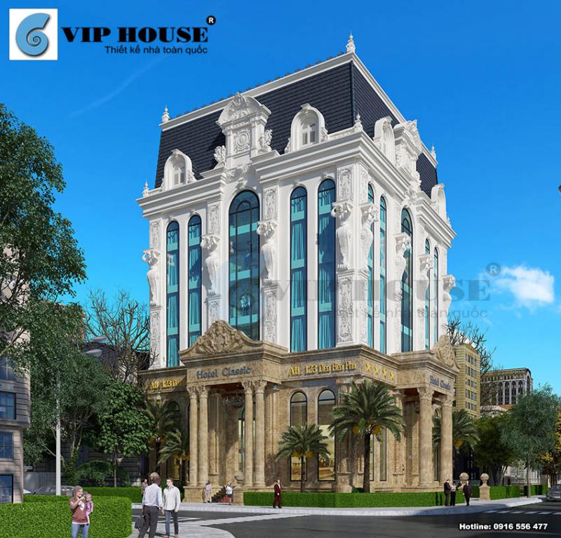 Hình ảnh: Thiết kế khách sạn cổ điển 6 tầng tại Quảng Ninh được xây dựng trên mảnh đất có diện tích rộng và lợi thế hai mặt tiền.
